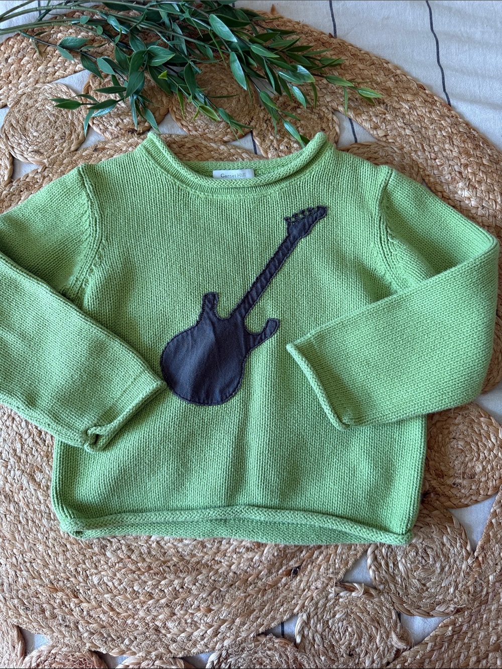 Vintage Garnett Hill Applique Guitar Rolled Neckline 100% Cotton Knit Sweater. M
